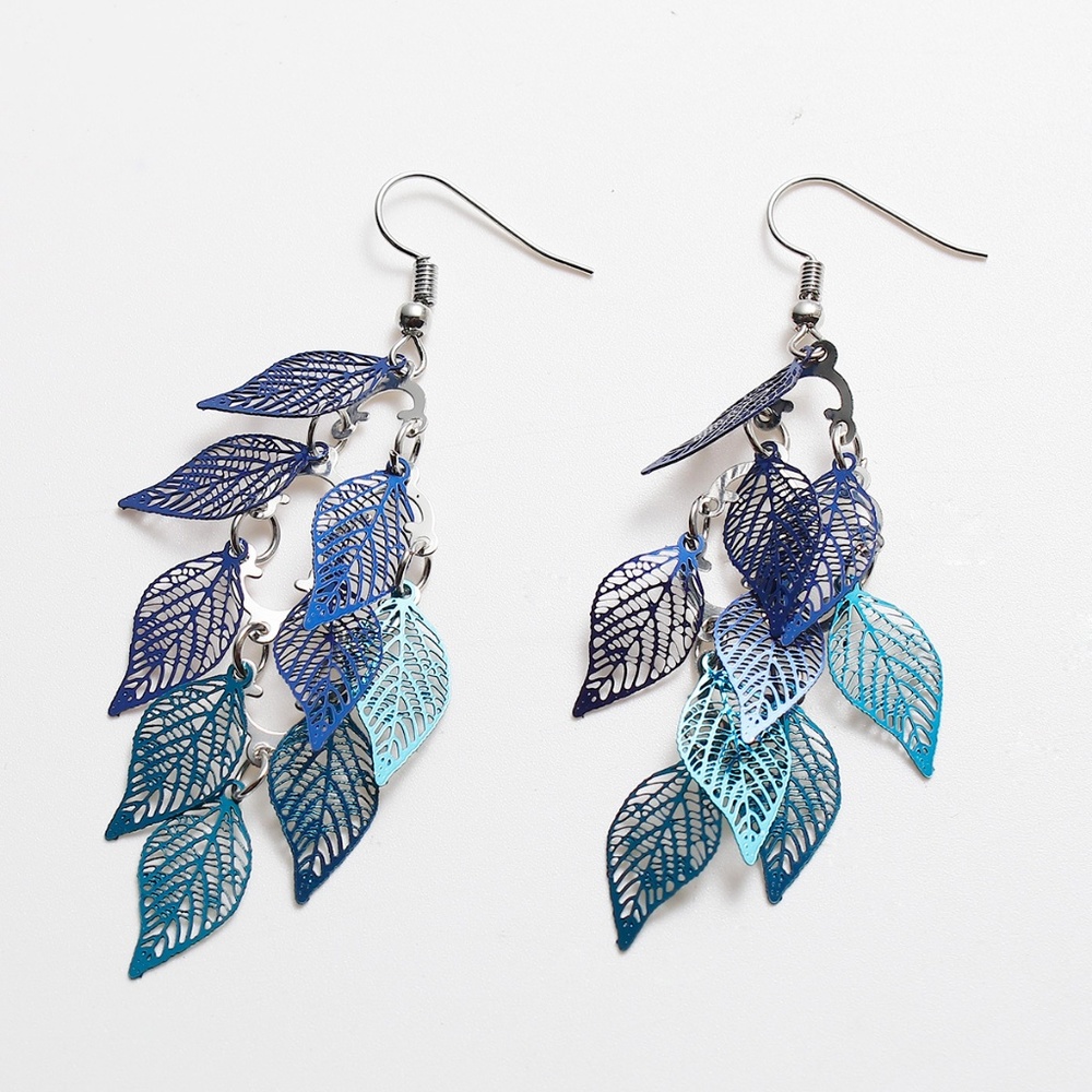 Beautiful Tones of Blue Filigree Leaves Earrings - Picture 3 of 5